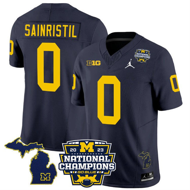 Men's Michigan Wolverines #0 Mike Sainristil Navy F.U.S.E. 2023 National Champions Vapor Map Stitched Football Jersey Men's Michigan Wolverines #0 Mike Sainristil Navy F.U.S.E. 2023 National Champions Vapor Map Stitched Football Jersey